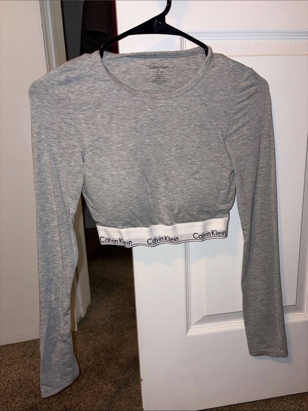 Calvin Klein Heather Gray Long-Sleeve Cropped Logo Band Top
